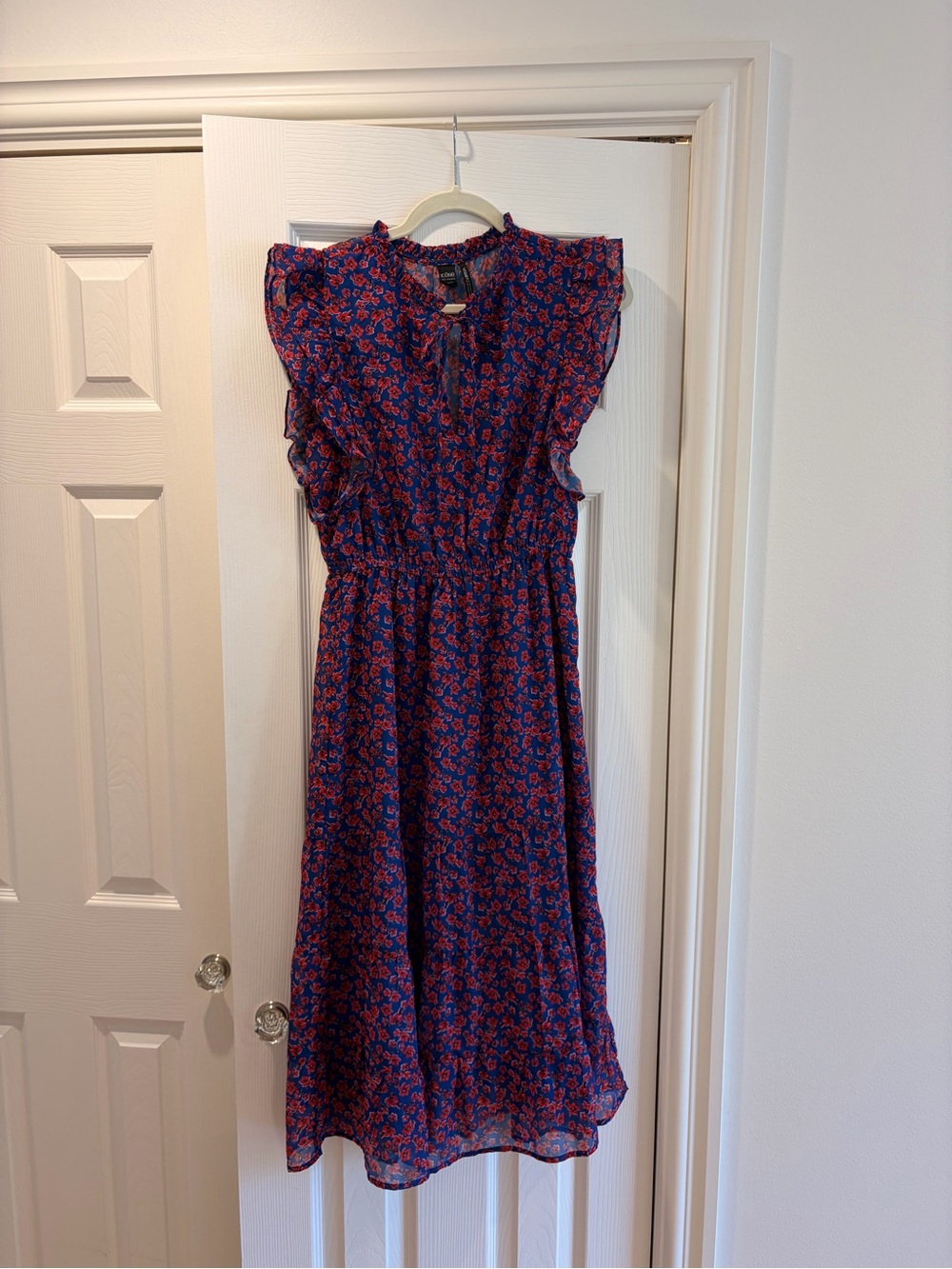 Navy Floral Ruffle Midi Dress with Red Accent